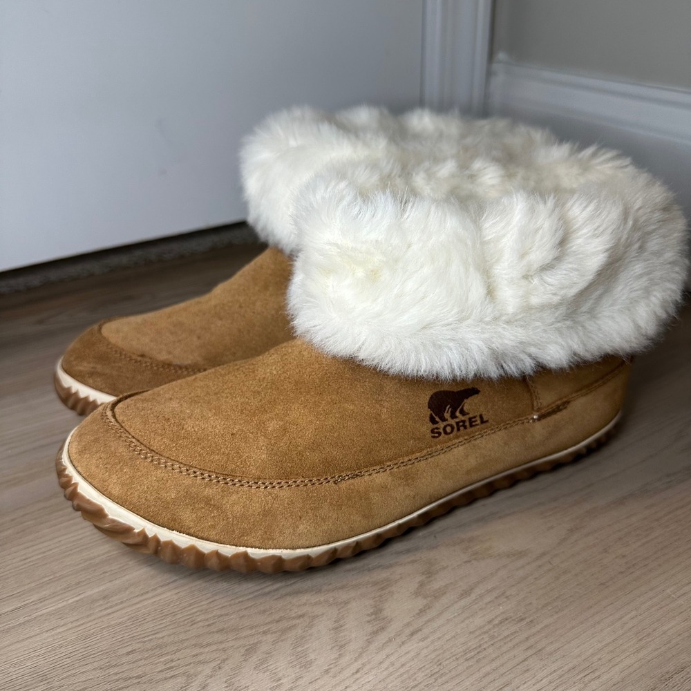 Sorel Out N About Slipper Elk Natural Suede Faux Fur‎ Bootie Womens 10.5